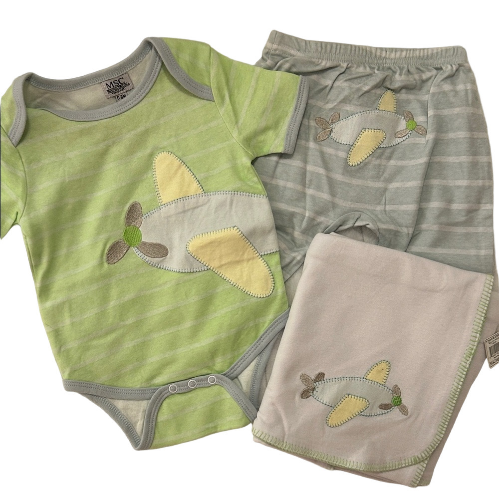 Kids Airplane Pajama Set - Lime Green and Light Gray | Size 3-6 months